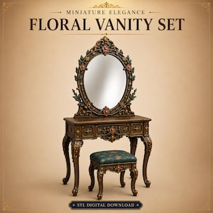 May include: A miniature vanity set featuring a dark brown wooden table with an oval mirror and a matching stool. The mirror frame is decorated with green leaves and small pink flowers. The stool has a teal cushion with a gold floral pattern.