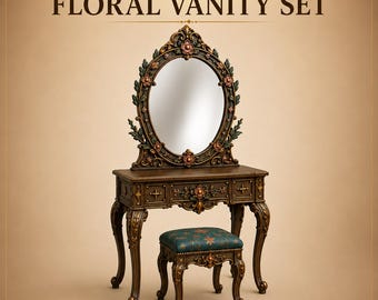 1:12 Gothic Dollhouse Vanity Set, Floral Woodwork, Witch Cottage Diorama (STL Download)