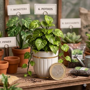 Puede incluir: Una planta Pothos en miniatura en una maceta de cerámica blanca con una banda dorada. La planta tiene hojas abigarradas verdes y blancas y está etiquetada como "6. POTHOS". Una moneda de un euro está al lado de la maceta. Otras plantas en miniatura y suministros de jardinería en el fondo.