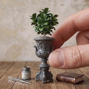 Peut inclure: Miniature urne grise avec une plante verte, tenue par une main. Un petit pot étiqueté "classical patina", une pince à épiler et un petit livre sont sur une surface en bois. L'urne a des détails ornés.
