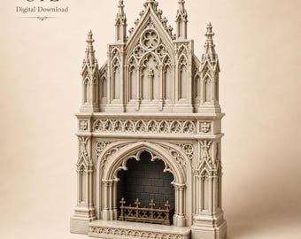 May include: A miniature fireplace model featuring intricate stone-like detailing, pointed arches, and decorative spires. The structure includes a dark brick-patterned interior and a small metal-colored grate. Text reads STL Digital Download.