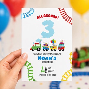 May include: A birthday party invitation with a train theme. The invitation reads "ALL ABOARD!" and "YOU'VE GOT A TICKET TO CELEBRATE NOAH'S 3RD BIRTHDAY". The invitation features a green train, blue number 3, and colorful balloons.