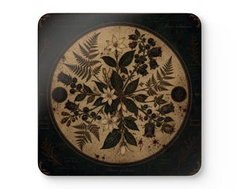 Nocturne Herbarium Corkwood Coaster Set | Gothic Botanical Dark Academia Decor | Victorian Plant Gift