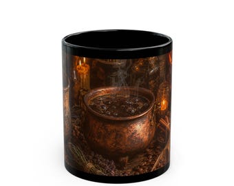 Brewed in Shadows - Dark Cottagecore Halloween Black Mug