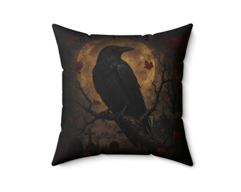 Raven's Perch October — Dark Cottagecore Halloween Throw Pillow