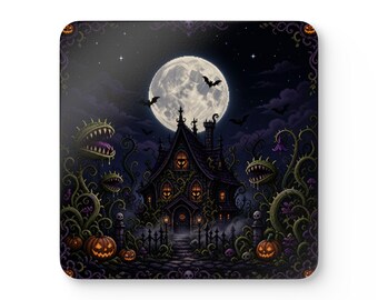 Cryptid Cottage — Gothic Pixel Art Halloween Coaster Set