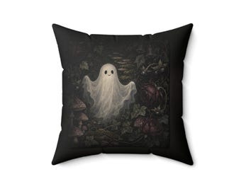 Ghost in the Garden — Dark Cottagecore Halloween Throw Pillow