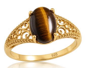 Anillo solitario de ojo de tigre natural de plata de ley 925 maciza para mujer.