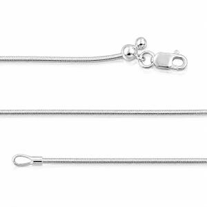 May include: A silver-toned snake chain necklace featuring a smooth, flexible link construction. The chain includes a lobster claw clasp mechanism at one end, accented by two small spherical beads, and a simple loop attachment at the opposite end.