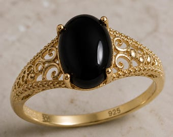 Solitärring i massivt 925 sterlingsilver med naturlig svart onyx för kvinnor
