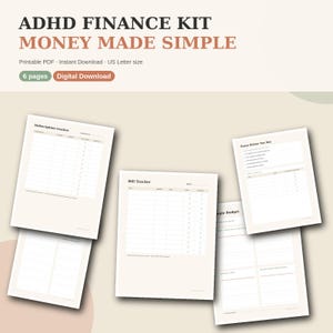 Puede incluir: Un kit financiero digital para TDAH con el texto ADHD FINANCE KIT MONEY MADE SIMPLE. El conjunto incluye seis páginas de plantillas imprimibles en tamaño carta de EE. UU., que incluyen un rastreador de suscripciones, facturas y presupuesto.