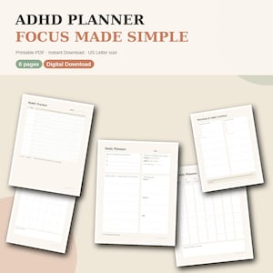 Puede incluir: Un conjunto de planificador TDAH digital con seis páginas sobre un fondo crema y texto oscuro. Las páginas incluyen un rastreador de hábitos, planificador diario y rutinas. El texto dice ADHD PLANNER FOCUS MADE SIMPLE.