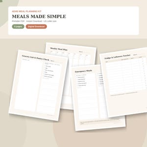 Puede incluir: Un kit de planificación de comidas para TDAH con páginas imprimibles tituladas Meals Made Simple, Weekly Meal Plan, Grocery List & Pantry Check, Emergency Meals y Fridge & Leftovers Tracker. La descarga digital incluye seis páginas.