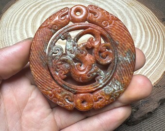 2.76" Chinese Hongshan Culture old jade hand-carved dragon loong phoenix bird Yu bi pendant