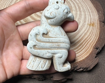 3,15" Stara chińska ręcznie rzeźbiona figurka feniksa z jadeitu, w stylu Feng Shui, z motywem zwierzęcia