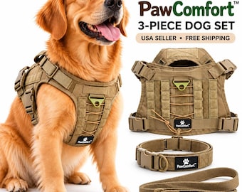 PawComfort™ Tactical Dog Harness Collar and Leash Set, Khaki, M L XL
