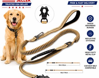 Tactical Bungee Dog Leash with Car Seat Belt Clip – Shock Absorbing Reflective Training Lead for Medium & Large Dogs Adjustable Safety Leash