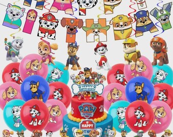 Set completo de decoración para fiesta de cumpleaños de Paw Patrol: globos, pancarta y vajilla.
