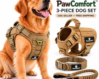 PawComfort™ Tactical Dog Harness Collar and Leash Set, Khaki, M L XL