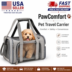 May include: A gray PawComfort pet travel carrier with a small dog inside. The carrier has mesh panels, a handle, and the text "Pet Travel Carrier". The image also includes the text "USA Seller" and "Fast Shipping".