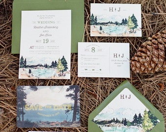 Rustic and Woodland Watercolor Wedding Invitation: Lake Tahoe