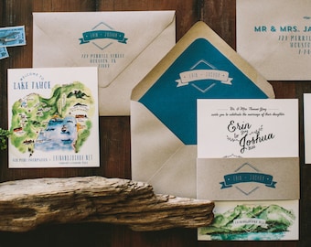 Rustic and Woodland Watercolor Lake Tahoe Mountain Wedding Invitation