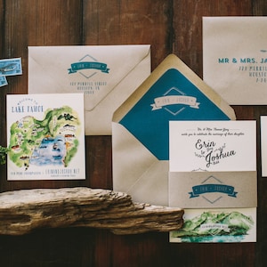 Rustic and Woodland Watercolor Lake Tahoe Mountain Wedding Invitation image 1