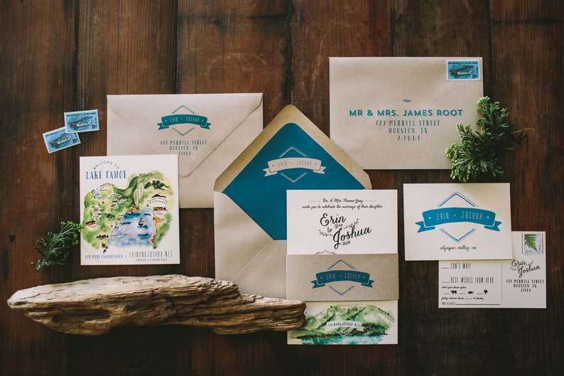 Rustic and Woodland Watercolor Lake Tahoe Mountain Wedding Invitation image 1