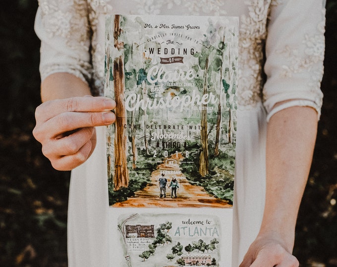TreeTops Watercolor Folded Wedding Invitation