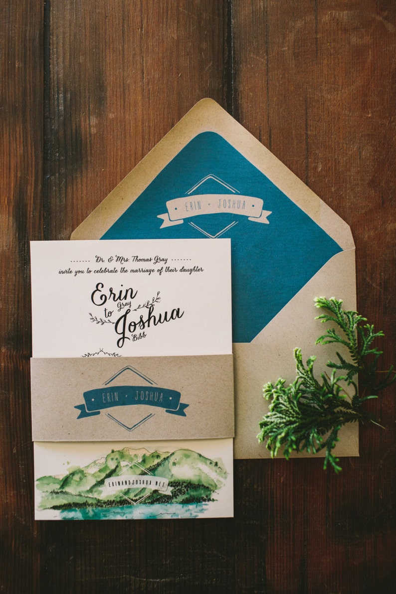 Rustic and Woodland Watercolor Lake Tahoe Mountain Wedding Invitation image 5