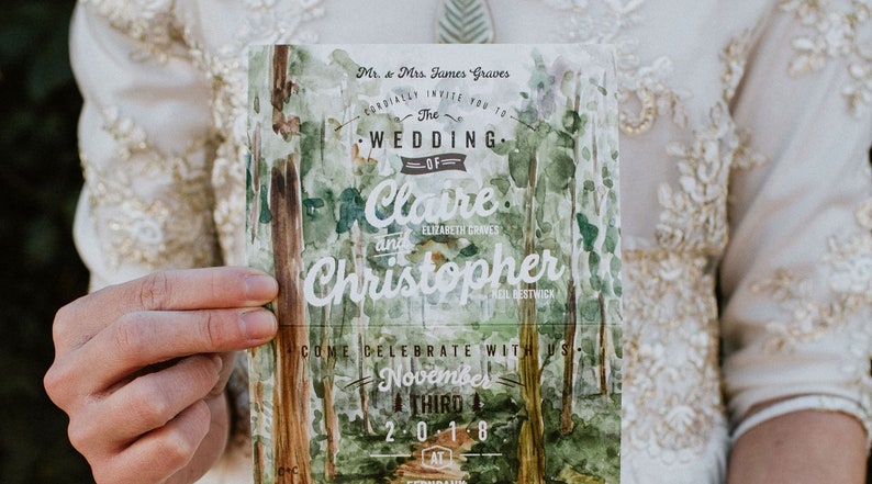 Treetops Folded Watercolor Wedding Invitation image 1