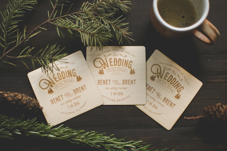 Rustic Wood Wedding Invitations: Wood Engraved Coasters image 1