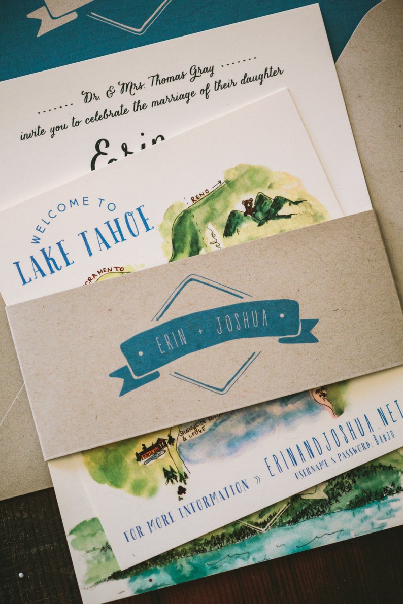 Rustic and Woodland Watercolor Lake Tahoe Mountain Wedding Invitation image 3