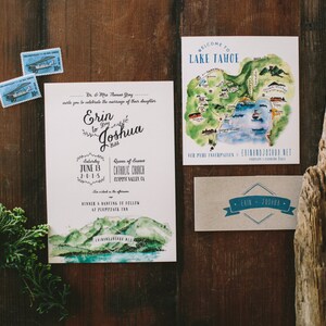 Rustic and Woodland Watercolor Lake Tahoe Mountain Wedding Invitation image 2