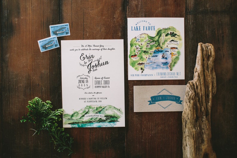 Rustic and Woodland Watercolor Lake Tahoe Mountain Wedding Invitation image 2