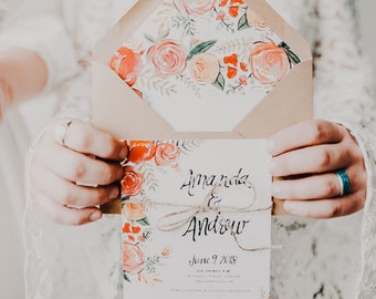 Hand Lettered Watercolor Floral Vintage Wedding Invitation