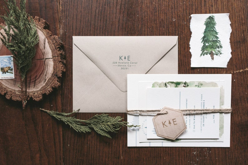 Rustic and Woodland Letterpress Wedding Invitation: Lake Tahoe Pines image 1