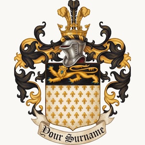 Op de afbeelding: Een gedetailleerd heraldisch wapen met een gouden leeuw, een leliepatroon en een ridderhelm. Het wapen is versierd met gouden en zwarte krullen, een kroon en de tekst "Pour Surname" op een spandoek.