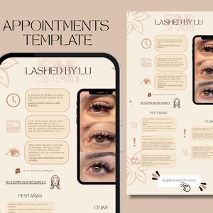 Op de afbeelding: Een digitaal sjabloon voor wimperafspraken, met een telefoon met voorbeelden van wimperextensions en afspraakdetails. De tekst "LASHED BY LU" is prominent aanwezig, met extra tekst in een zacht, neutraal kleurenpalet.