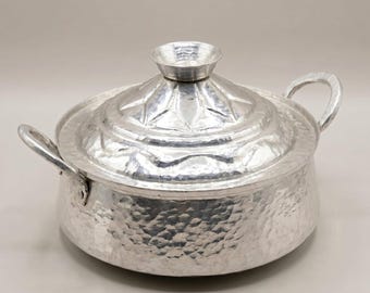 Tin-Lined Hammered Copper Pot with Handles and Lid, Handmade Tunisian Cookware