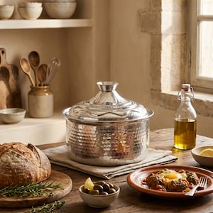 Puede incluir: Una olla tagine de metal plateado martillado con tapa está sobre una mesa de madera. También hay un pan, aceitunas y un plato de comida. Una botella de aceite de oliva y un cuenco con rodajas de limón están cerca.