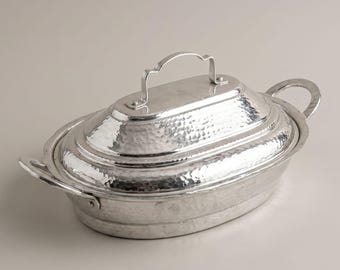 Juego de cacerolas ovaladas de cobre martillado hechas a mano, utensilios de cocina artesanales tunecinos con revestimiento de estaño.