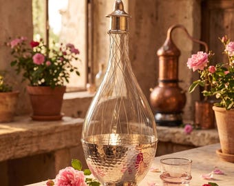 Jarra de cobre martillado y vidrio, decantador de agua de rosas Amazigh hecho a mano.