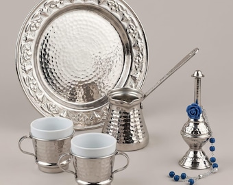 Juego de café turco de cobre martillado en caja de regalo, tazas y bandeja Amazigh con revestimiento de estaño.