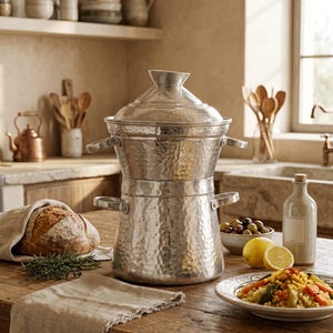 Pode incluir: Uma panela de vapor de metal martelado com tampa está sobre uma mesa de madeira. Um pão embrulhado em linho, uma tigela de azeitonas e um prato de comida também estão na mesa. Uma garrafa e um limão também são visíveis.