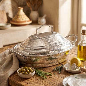 Könnte beinhalten: Eine ovale Servierschale aus gehämmertem Silber mit Deckel und Griffen steht auf einem Holztisch. Eine kleine Schale mit grünen Oliven, eine Flasche Olivenöl und eine Zitrone befinden sich ebenfalls auf dem Tisch. Die Schale ist etwa 40 cm lang.
