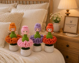Handmade Crochet Flower Doll, Amigurumi Fairy Pot Decor, Floral Desk Ornament
