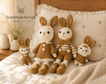 Handmade Crochet Bunny Plush Set, Amigurumi Rabbit Dolls, Navy Blue Outfits, Nursery Decor