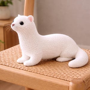 Op de afbeelding: Een handgemaakte witte gehaakte wezel knuffel met zwarte ogen, roze oren en snorharen. De wezel zit op een gevlochten stoel. Een zacht, knuffelbaar en uniek decoratief item.