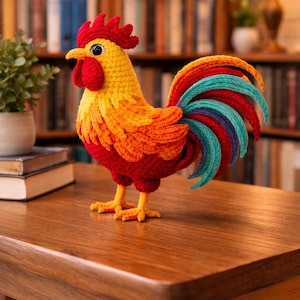 Puede incluir: Una figura de gallo de ganchillo hecha a mano en colores vibrantes. El gallo presenta una cresta y barbilla rojas, pico amarillo y cola multicolor. Se exhibe sobre una mesa de madera, mostrando la detallada artesanía del artículo decorativo.
